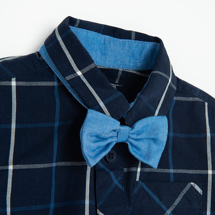 Blue checked long sleeve button down bodysuit with a bow