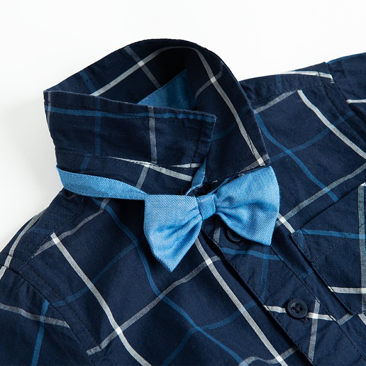 Blue checked long sleeve button down bodysuit with a bow