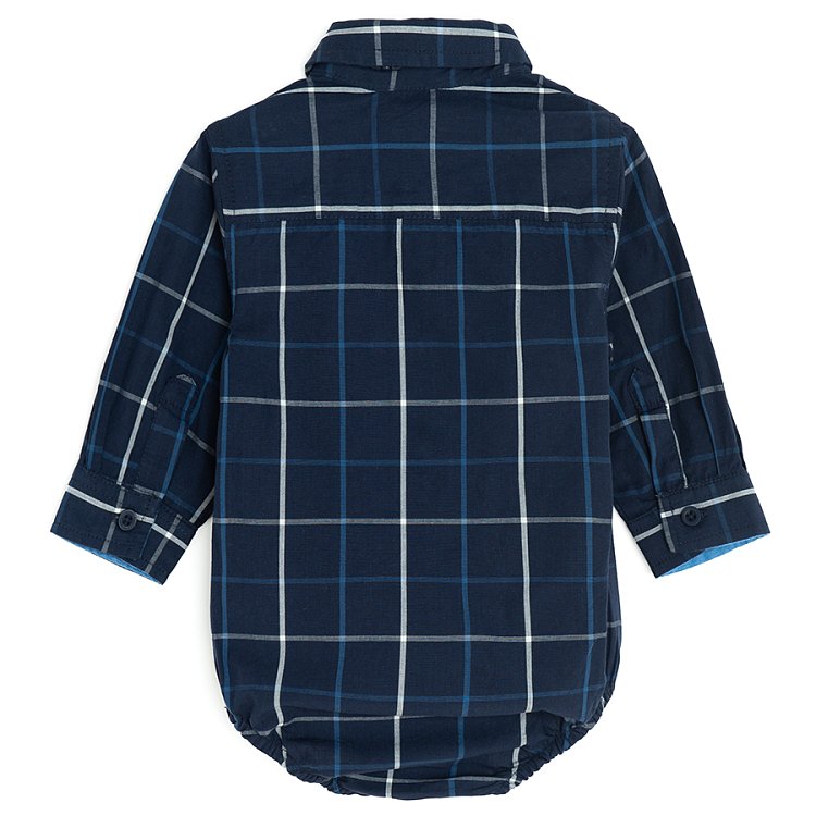 Blue checked long sleeve button down bodysuit with a bow