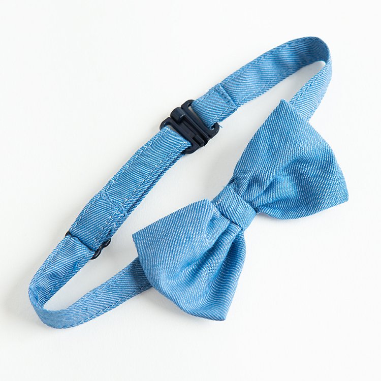Blue checked long sleeve button down bodysuit with a bow