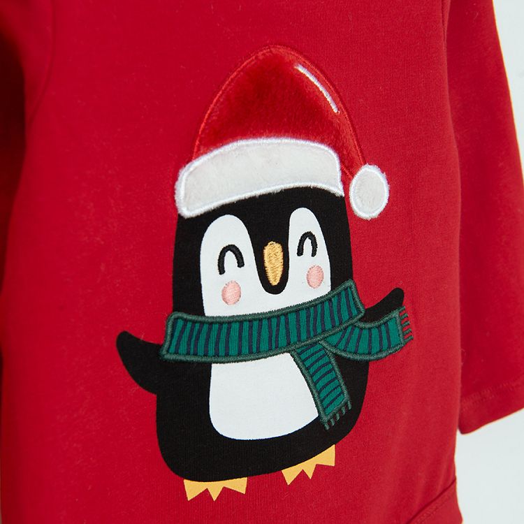 Red long sleeve bodysuit with penguin and Santa Claus hat