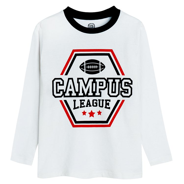 Whte and red long sleeve blouses- 'Campus League' print- 2 pack