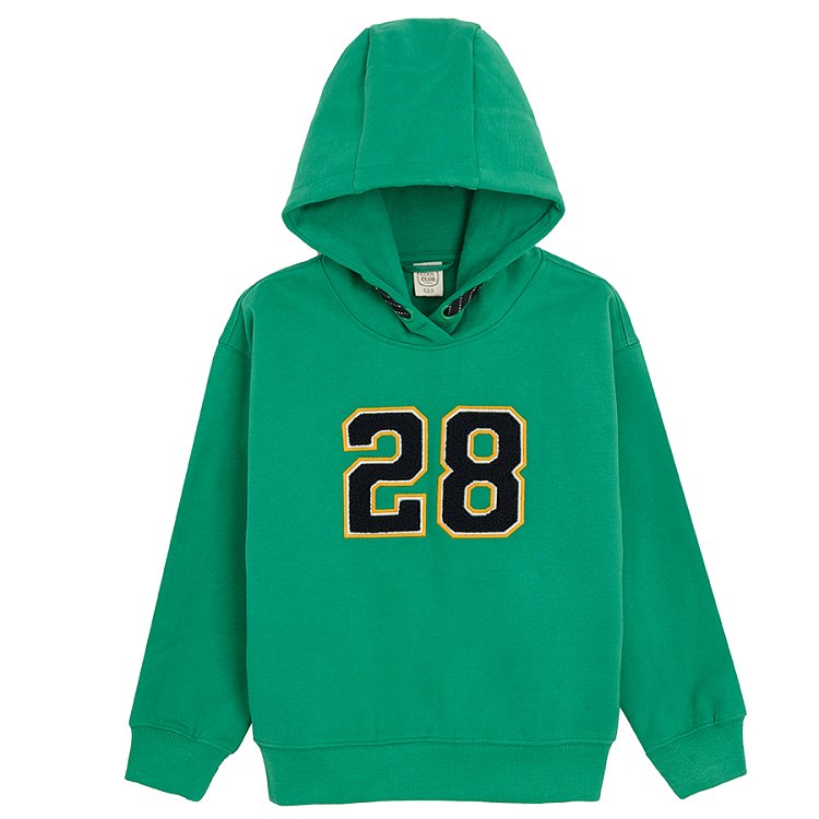 Green hooded seatshirt with number 28 on it