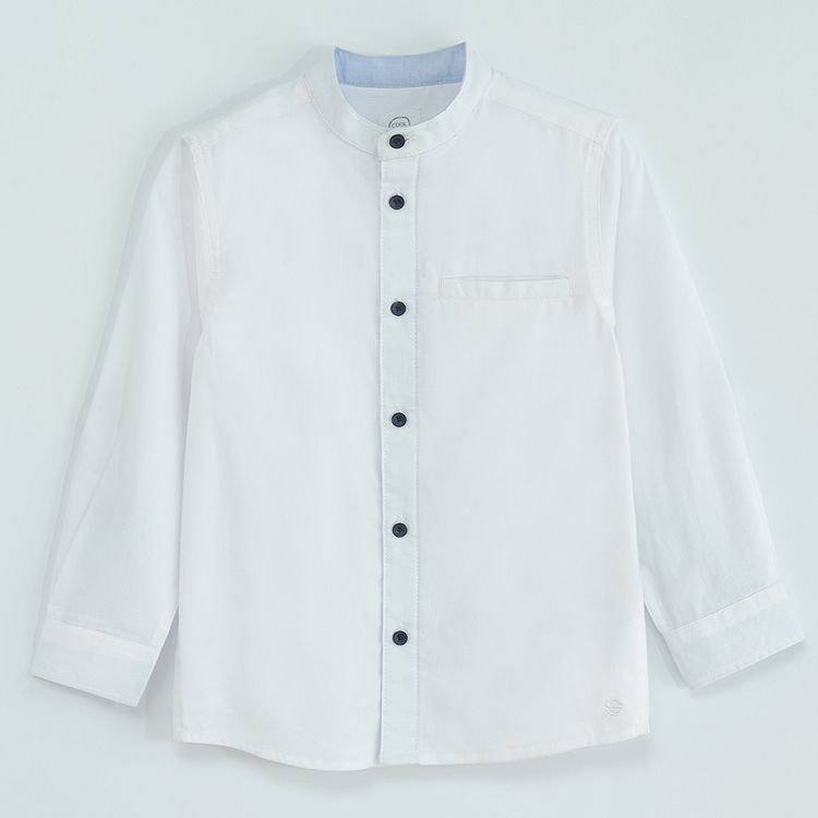White long sleeve shirt with sleeve rolling up to a button