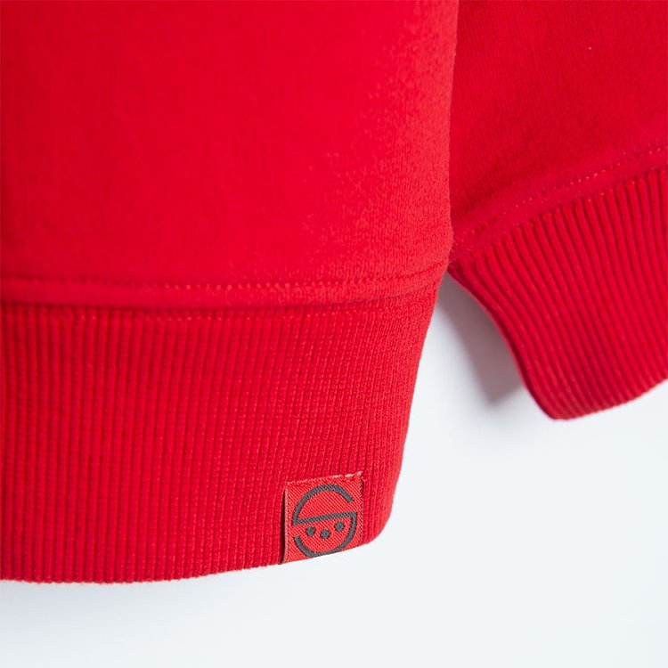 Red sweatshirt with 'It’s Funny Paly' print