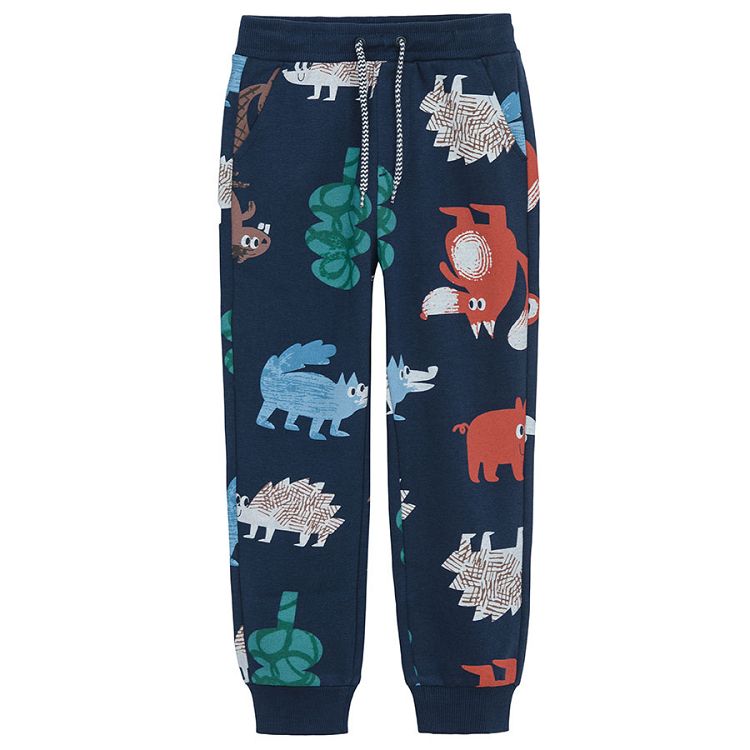 Blue jogging pants with forest animals print
