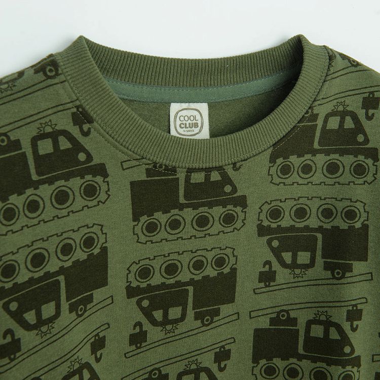 Green sweatshirt with trucks print
