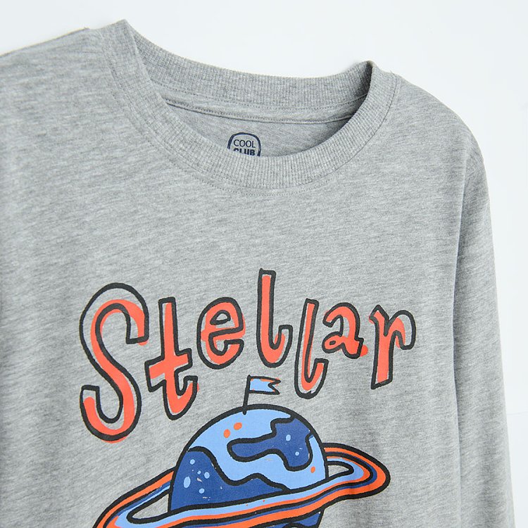 White, grey and blue long sleeve blouses with space theme prints