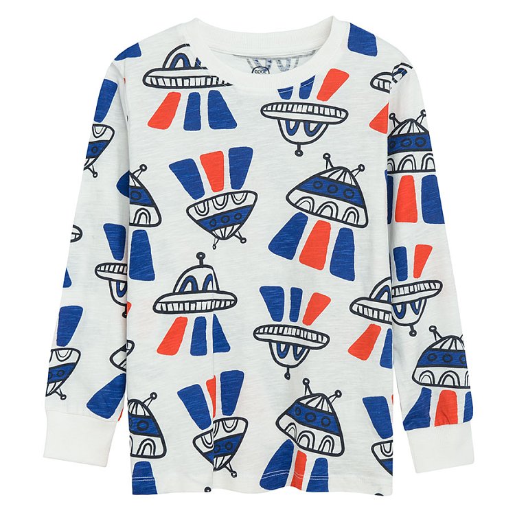 White, grey and blue long sleeve blouses with space theme prints