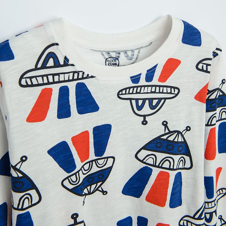 White, grey and blue long sleeve blouses with space theme prints