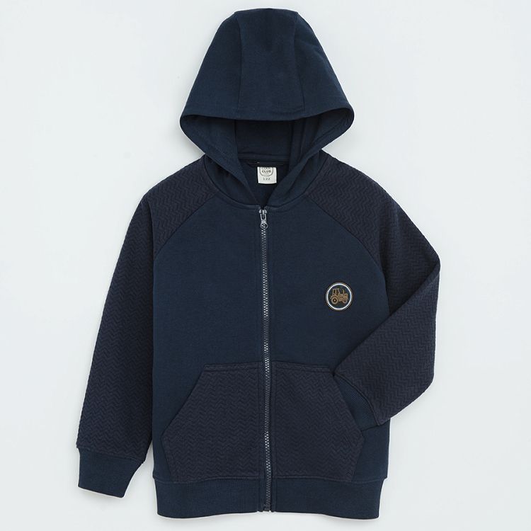 Φούτερ με κουκούλα μπλε σκούρο με επένδυση fleece και στάμπα τρακτερ