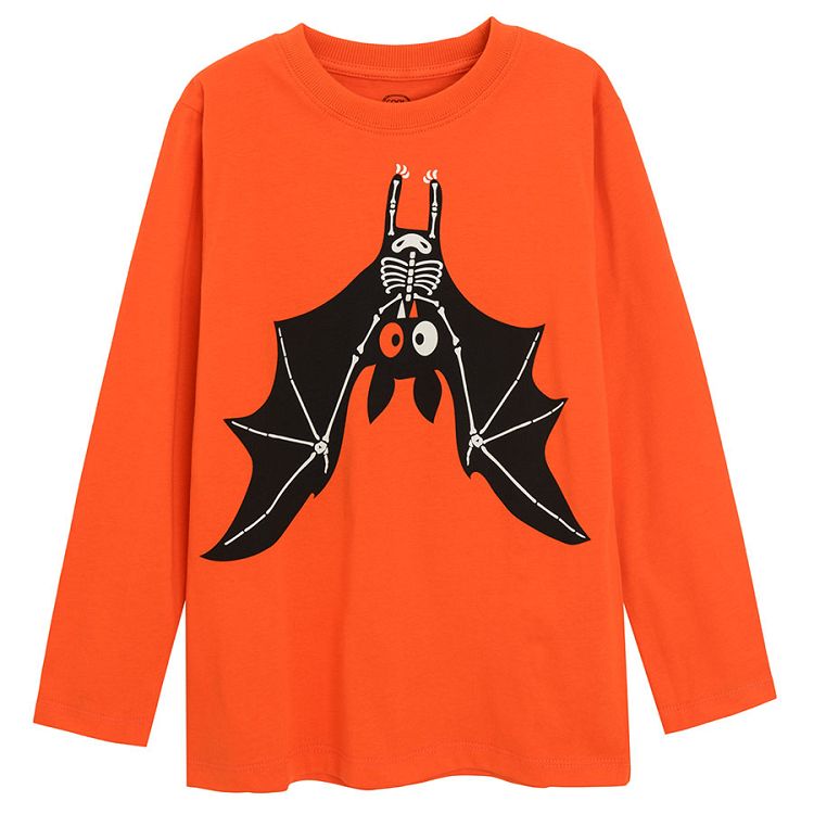 Orange long sleeve blouse with upside down bat print