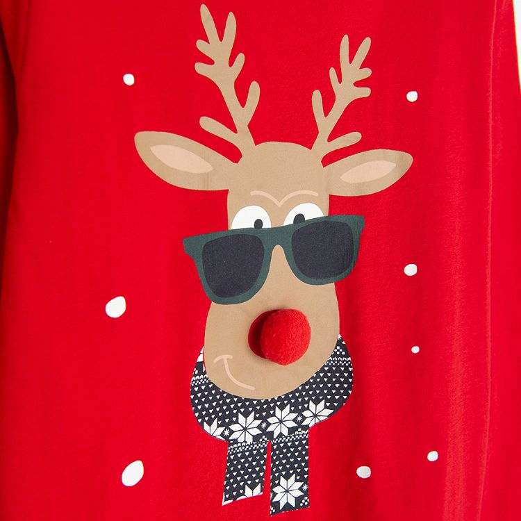Red long sleeve blouse with raindeer and sunglasses print
