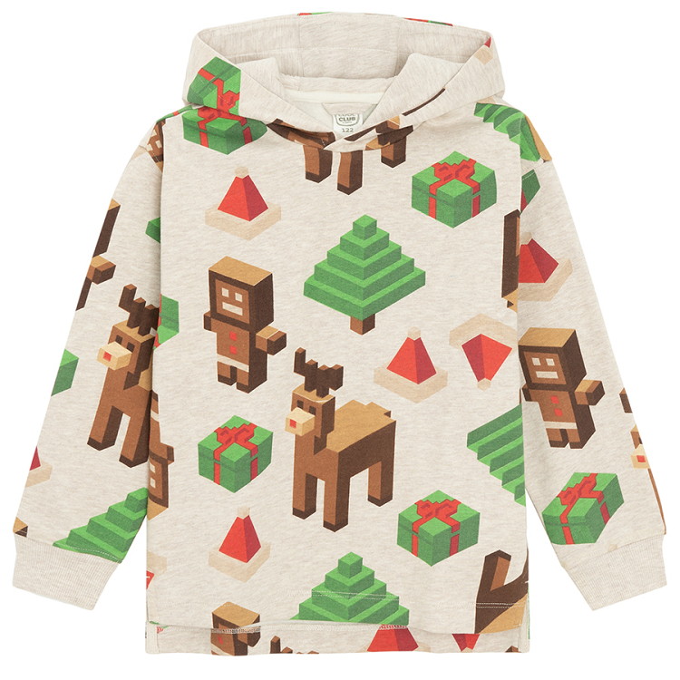 Ecru hooded sweatshirt with Christmas trees, raindeers made with buidling blocks print