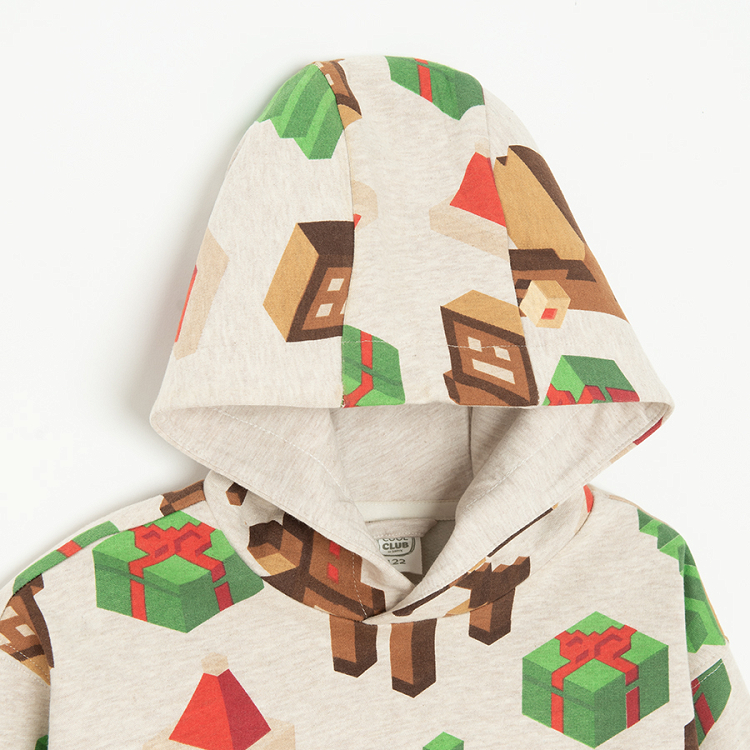 Φούτερ με κουκούλα μπεζ με χριστουγεννιάτικα σχέδια pixel