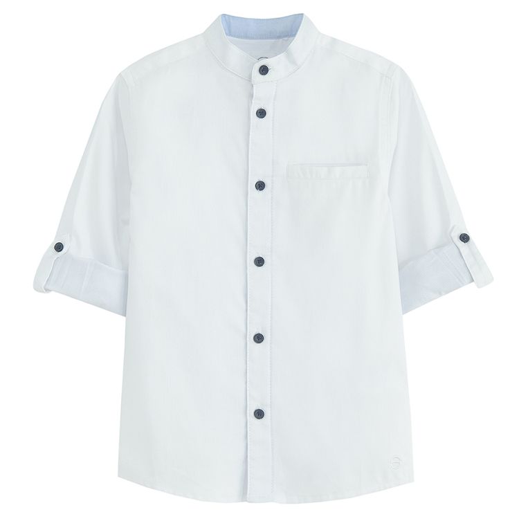 White long sleeve shirt with sleeve rolling up to a button
