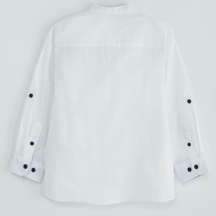 White long sleeve shirt with sleeve rolling up to a button