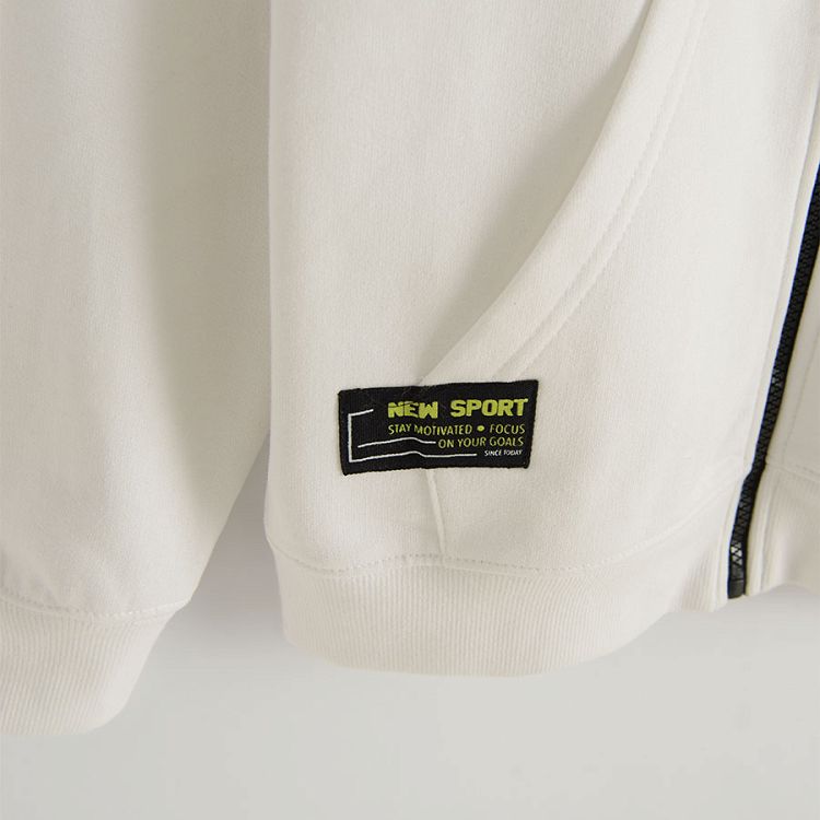 White hooded zip through sweatshirt with 98 New Sport print