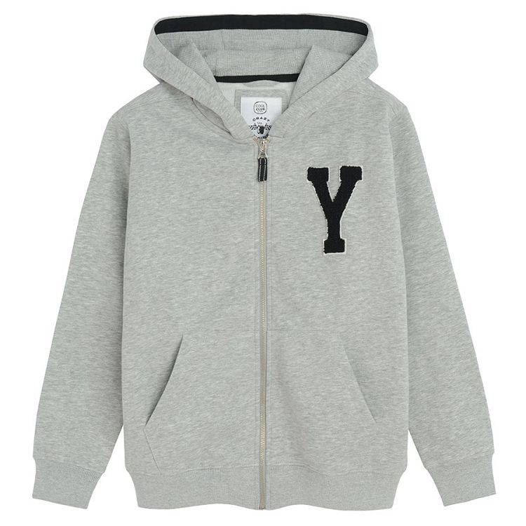 Grey hooded zip through sweatshirt with Y print