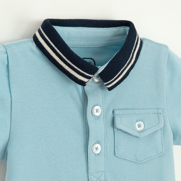 Light blue short sleeve polo type bodysuit and pocket on the chest