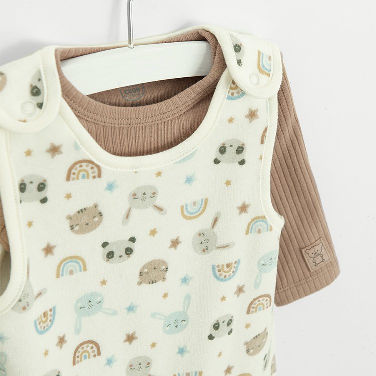 White sleeveless footless overall with panda and rainbow print and brown bodysuit set?