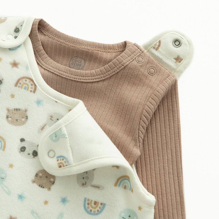 White sleeveless footless overall with panda and rainbow print and brown bodysuit set?