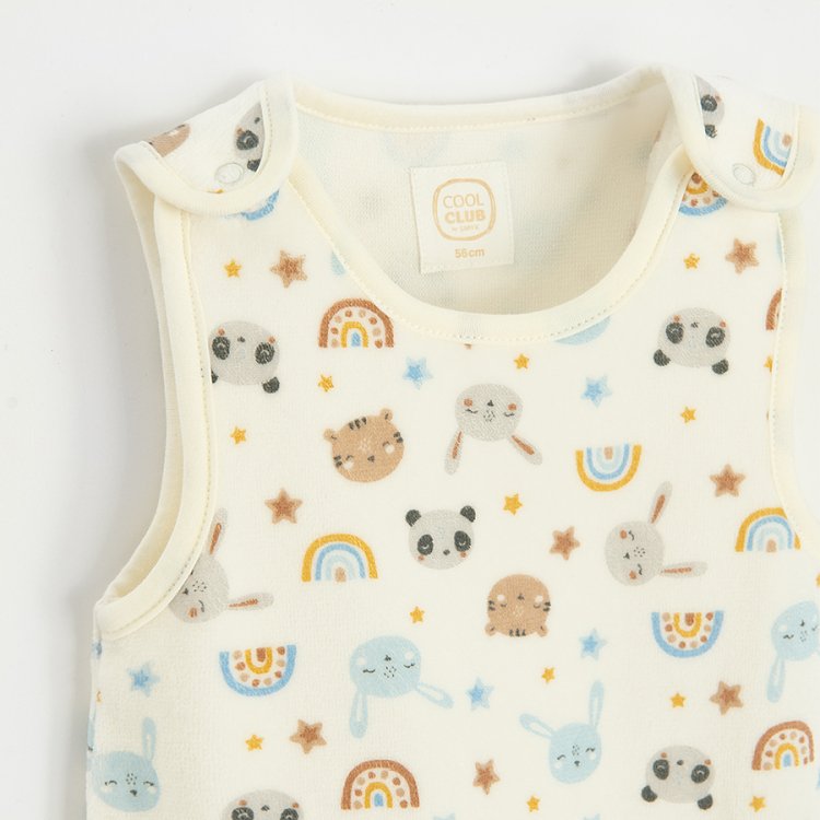 White sleeveless footless overall with panda and rainbow print and brown bodysuit set?