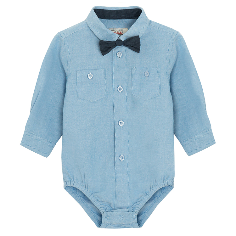 Blue checked pants with suspenders and vest, light blue button down long sleeve bodysuit with bow tie