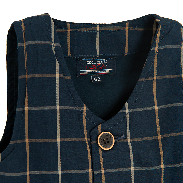 Blue checked pants with suspenders and vest, light blue button down long sleeve bodysuit with bow tie