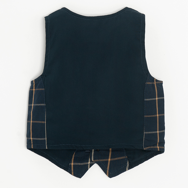 Blue checked pants with suspenders and vest, light blue button down long sleeve bodysuit with bow tie