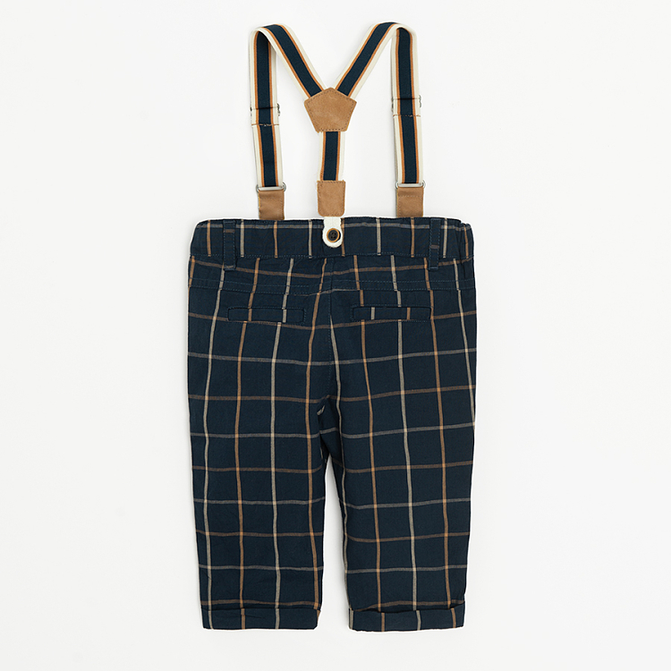 Blue checked pants with suspenders and vest, light blue button down long sleeve bodysuit with bow tie