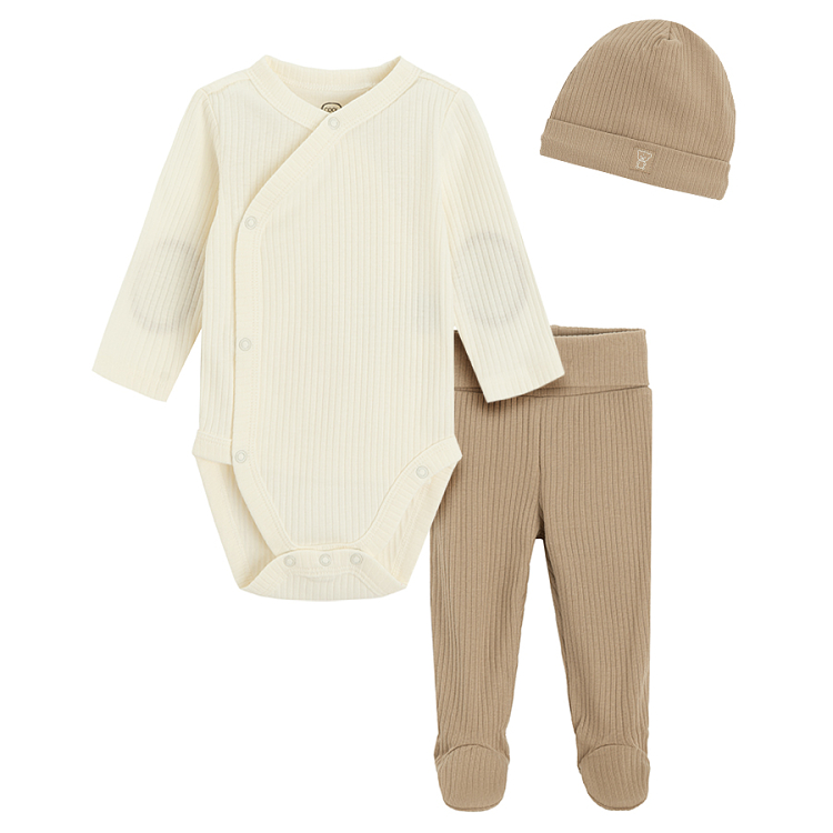 Ecru long sleeve wrap bodysuit with brown footed leggings and brown hat- 3 pieces