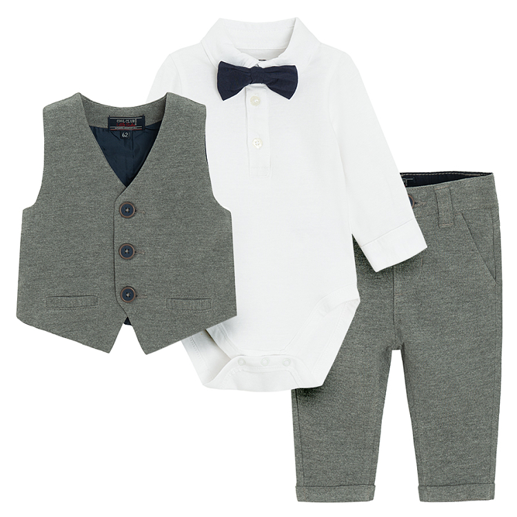 3 piece suit- white long sleeve polo bodysuit, grey vest and trousers
