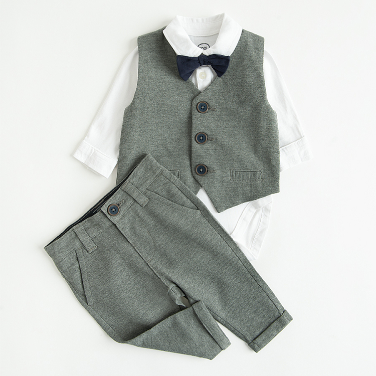 3 piece suit- white long sleeve polo bodysuit, grey vest and trousers