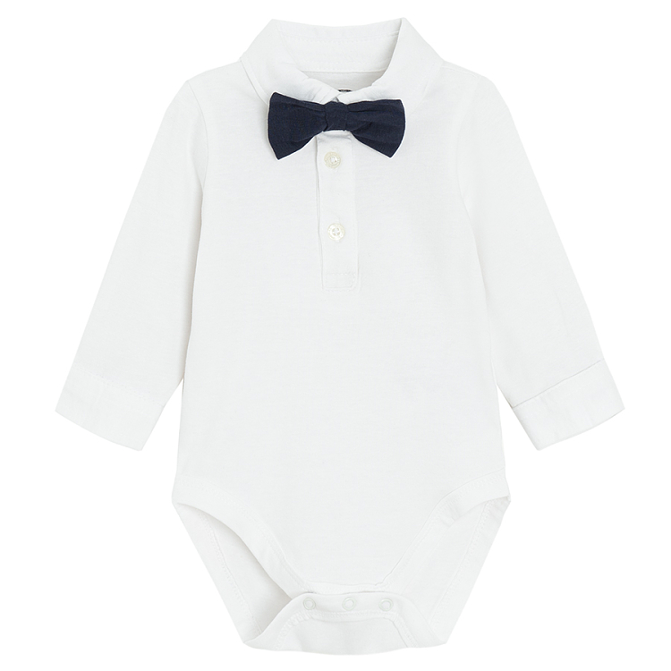 3 piece suit- white long sleeve polo bodysuit, grey vest and trousers