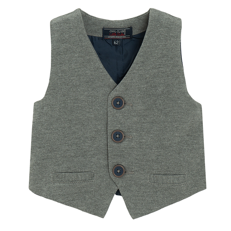3 piece suit- white long sleeve polo bodysuit, grey vest and trousers