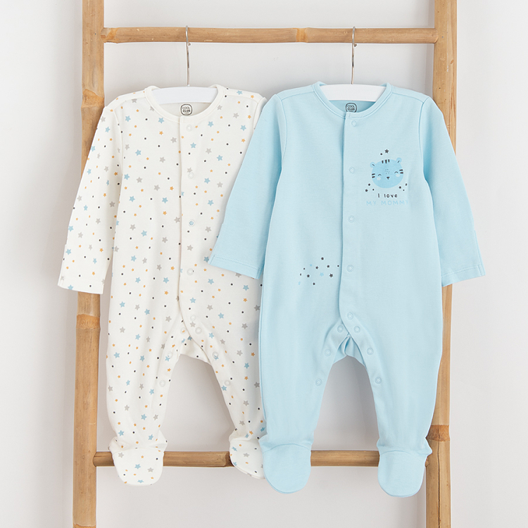 Blue and white long sleeve footed overall with animals print