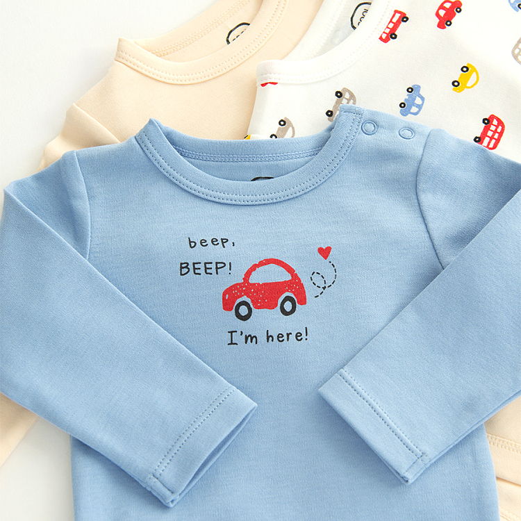 White, beige and light blue long sleeve bodysuits with car prints - 3 pack