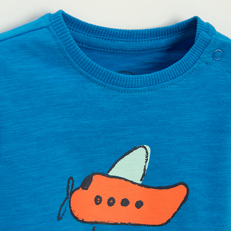 Blue T-shirt with airplane and FLY TO THE SKY print