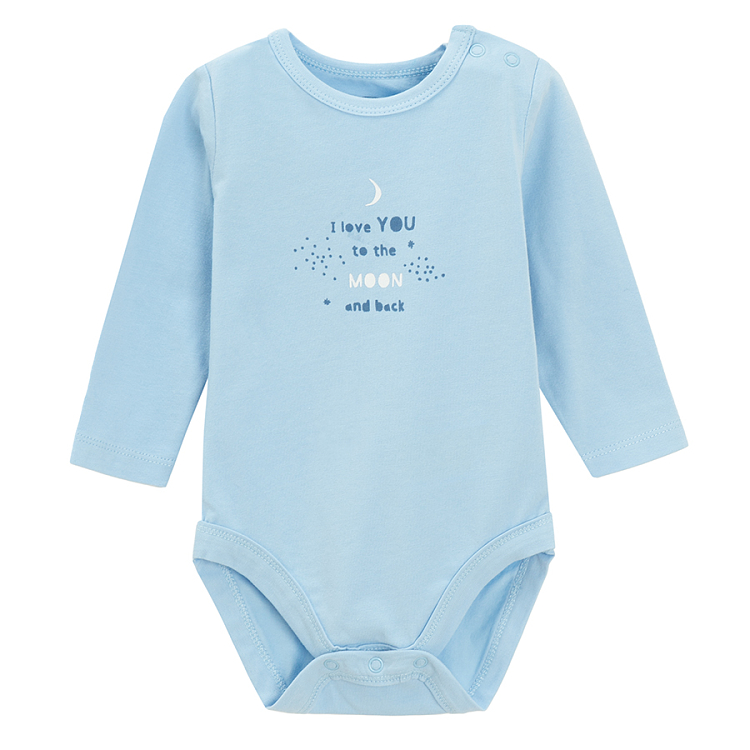 Blue long sleeve bodysuit LOVE YOU TO THE MOON AND BACK print, white and blue long sleeve blouse with elephant print and blue sw