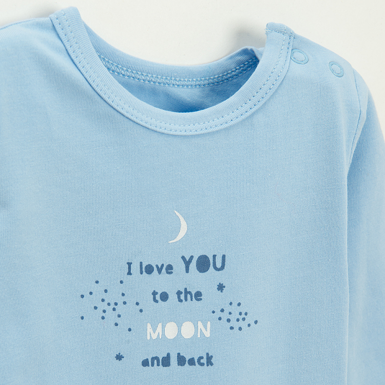 Blue long sleeve bodysuit LOVE YOU TO THE MOON AND BACK print, white and blue long sleeve blouse with elephant print and blue sw