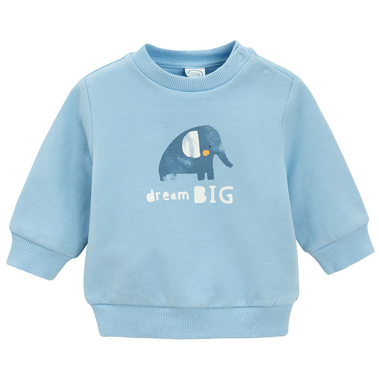 Blue sweatershirt and sweatpants with elepants print and matching cap set- 3 pieces