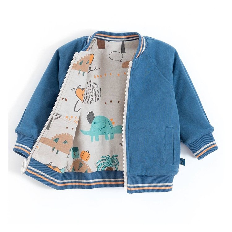 Blue and reversible ecru with dinosaurs print zip through sweatshirt