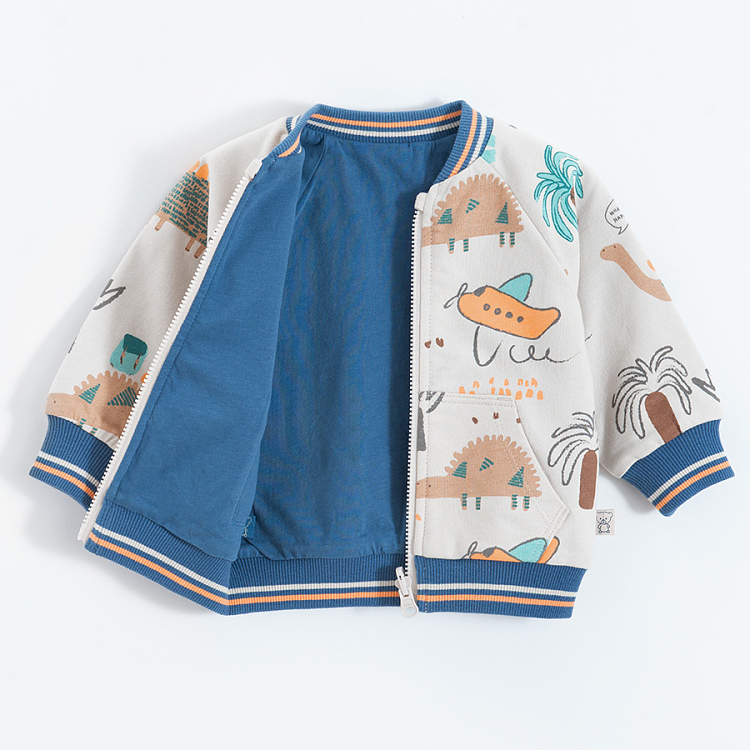 Blue and reversible ecru with dinosaurs print zip through sweatshirt