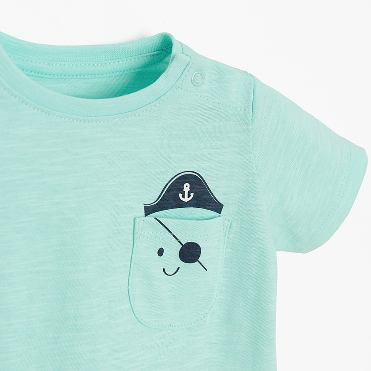 Light turquoise T-shirt with pirate print on the chest pocket