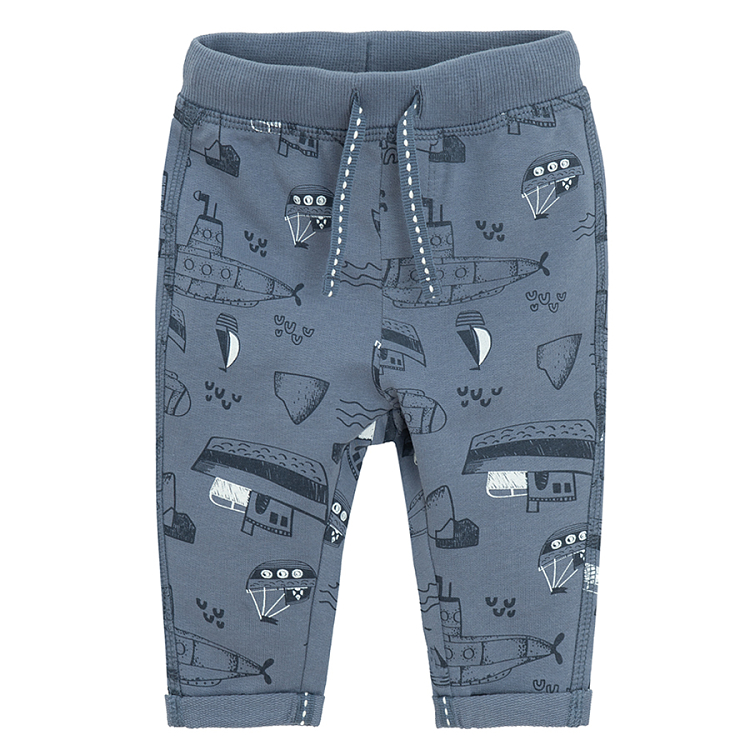 Blue jogging pants with ships print and cord