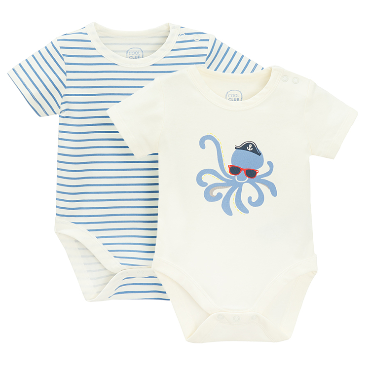 White with octapus with a hat print and striped short sleeve bodysuits- 2 pack