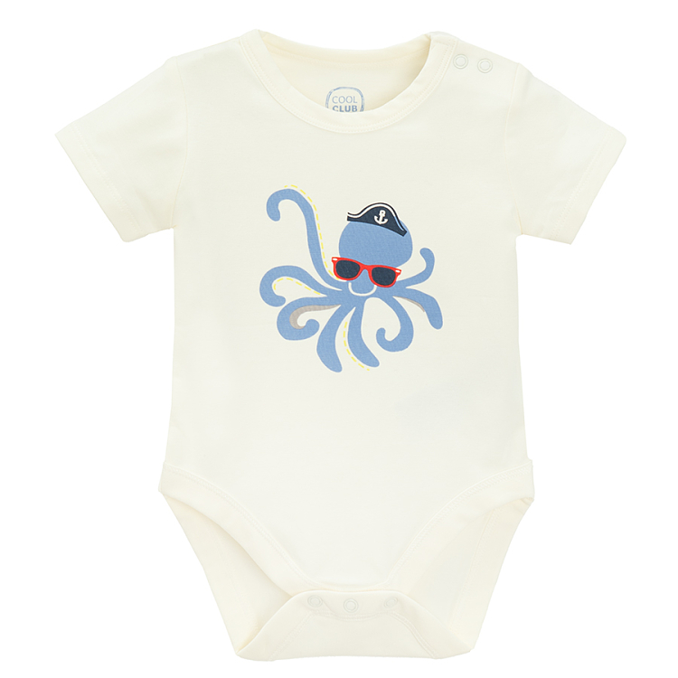 White with octapus with a hat print and striped short sleeve bodysuits- 2 pack