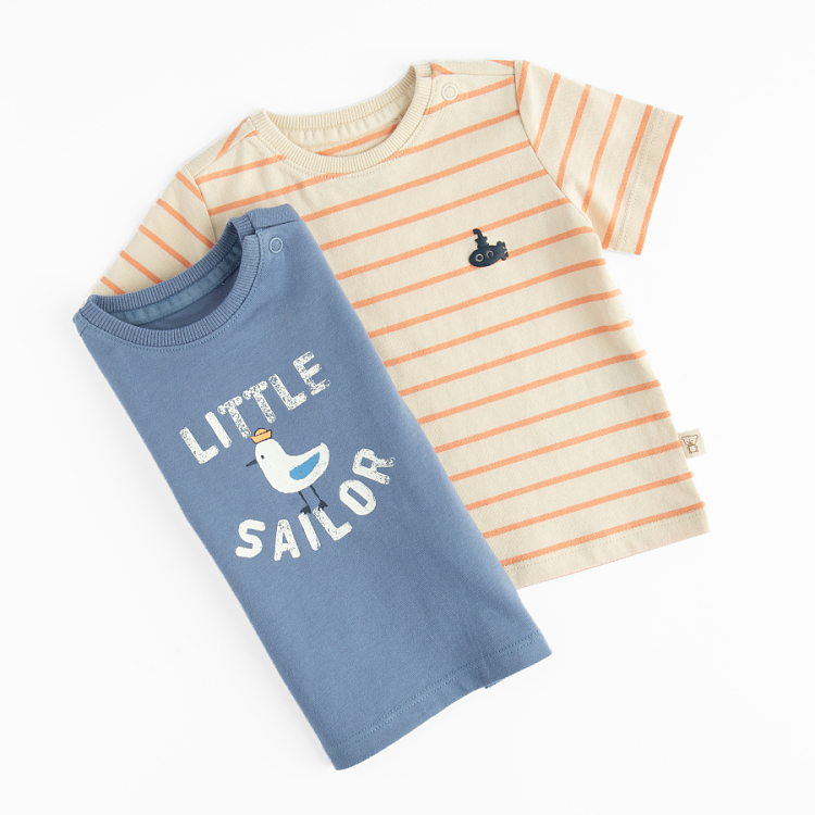 Μπλούζα κοντομάνικη 2 τμχ μπλε με στάμπα LITTLE SAILOR και με ρίγες