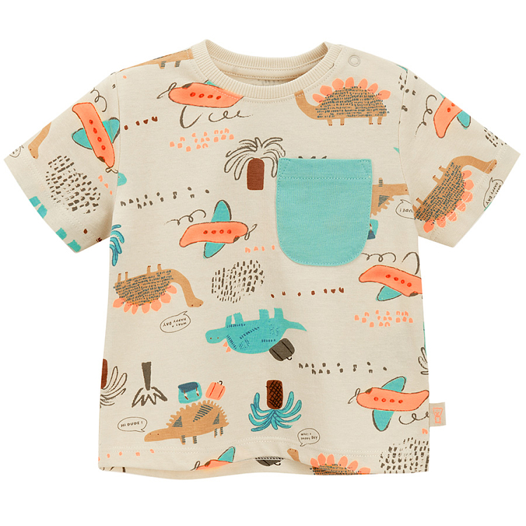 Ecru T-shirt with dinosaurs and airplanes print